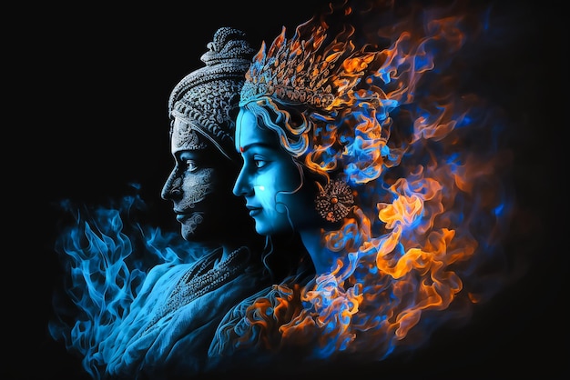 Um pôster de uma mulher e um homem com uma cabeça azul e uma cabeça com uma chama.