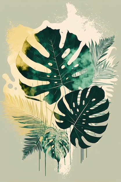 Um pôster de uma planta tropical com uma folha verde e a palavra selva.