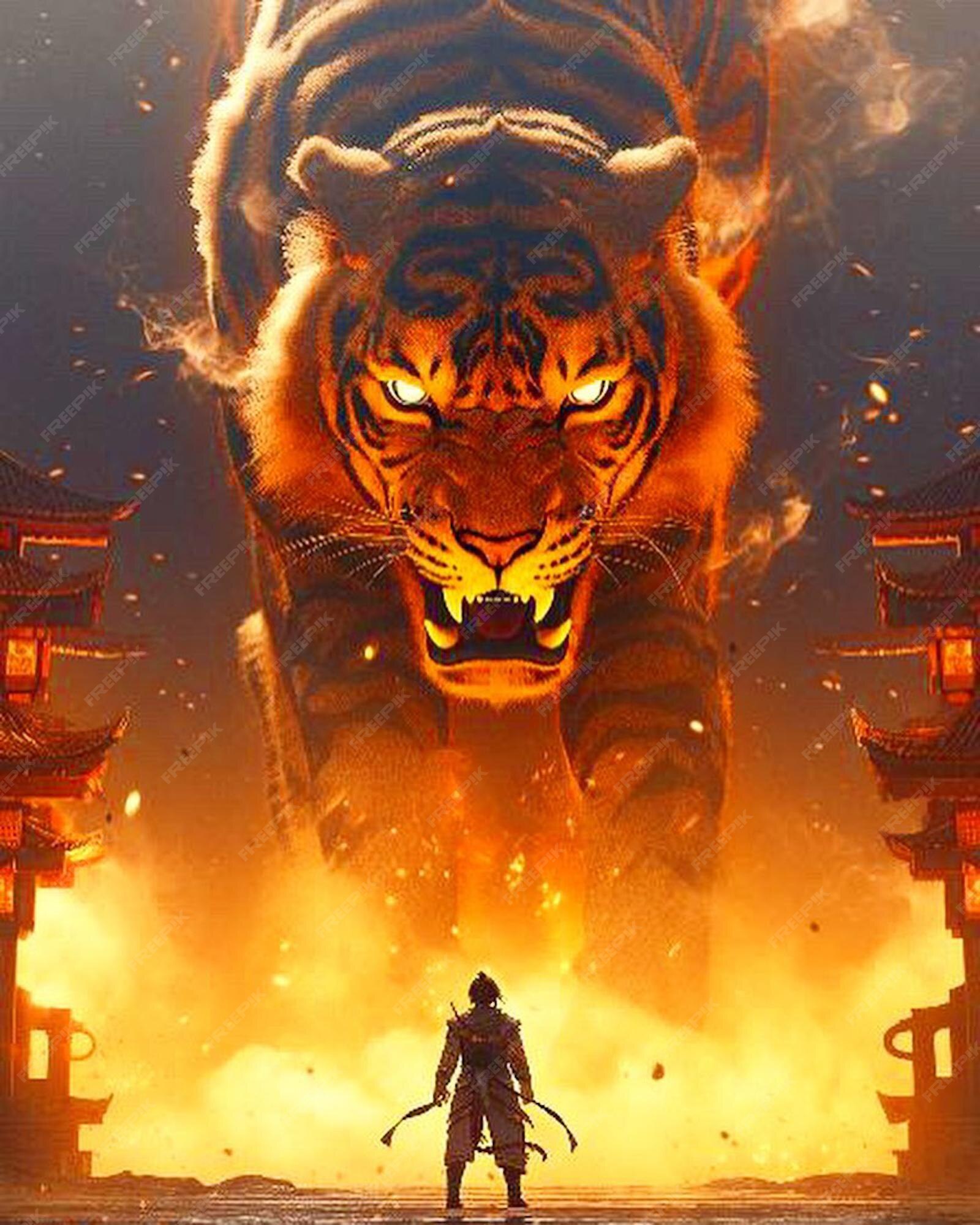 Poster O tigre de imagem 3d emerge da parede destruída