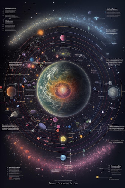 Um pôster mostrando os planetas e o universo.