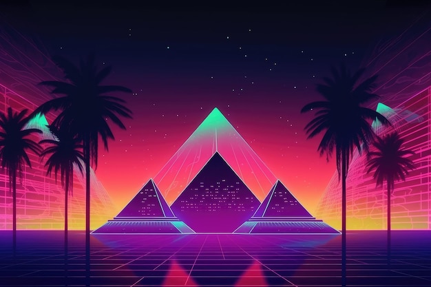 Um pôster neon com uma pirâmide e palmeiras