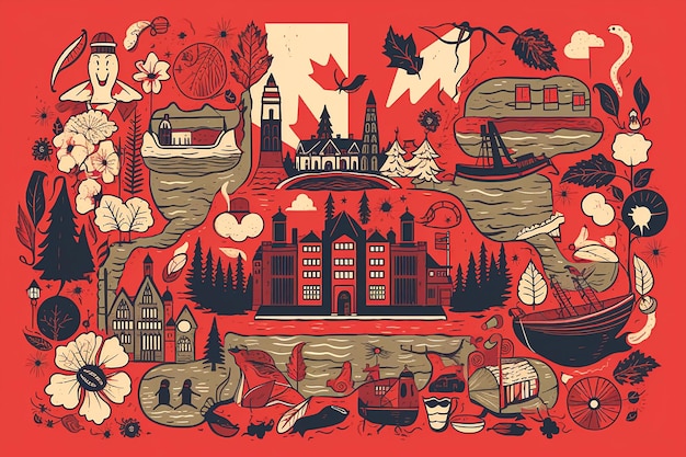 Um pôster vermelho com a imagem de um castelo e uma casa com uma árvore.