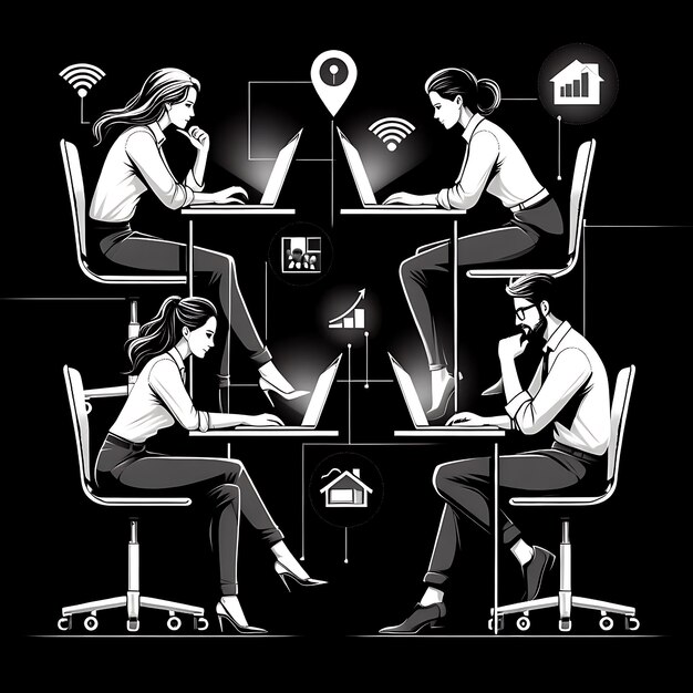 Foto um pôster vetorial preto e branco de um homem e uma mulher trabalhando em um laptop