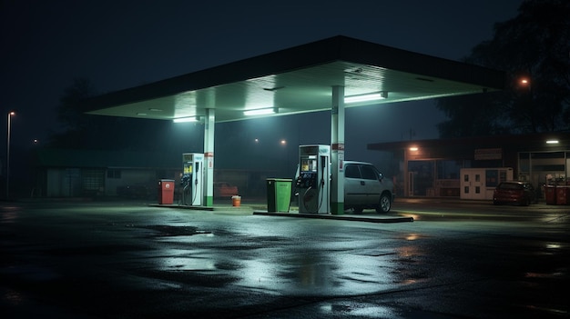 Um posto de gasolina na chuva numa pequena cidade mal-humorada.