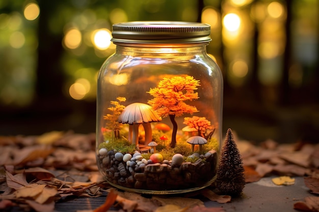 Um pote de cogumelos com uma árvore dentro