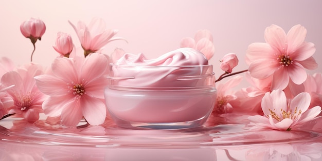 Um pote de creme em um fundo floral rosa Lugar para um logotipo Foto de alta qualidade IA generativa