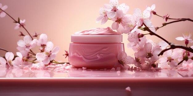 Um pote de creme em um fundo floral rosa Lugar para um logotipo Foto de alta qualidade IA generativa