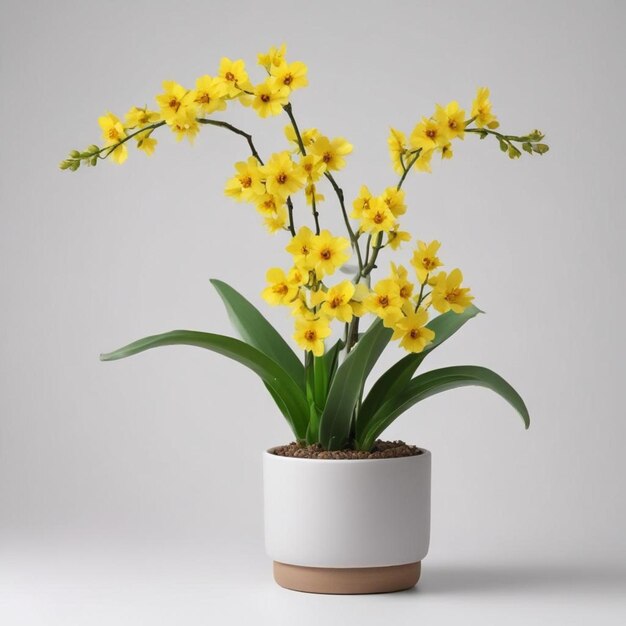 um pote de flores amarelas com a palavra narcisos