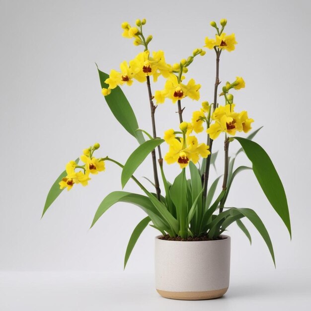 um pote de flores amarelas com a palavra narcisos