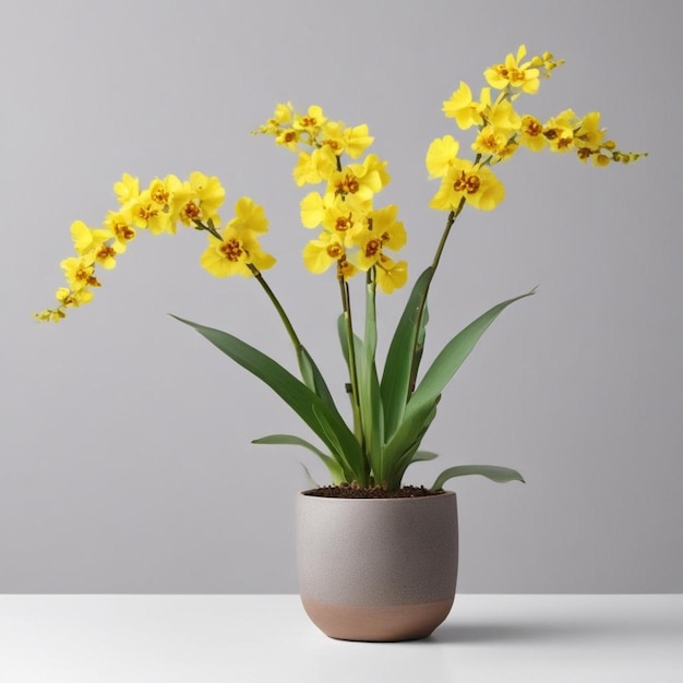 um pote de flores amarelas com a palavra narcisos