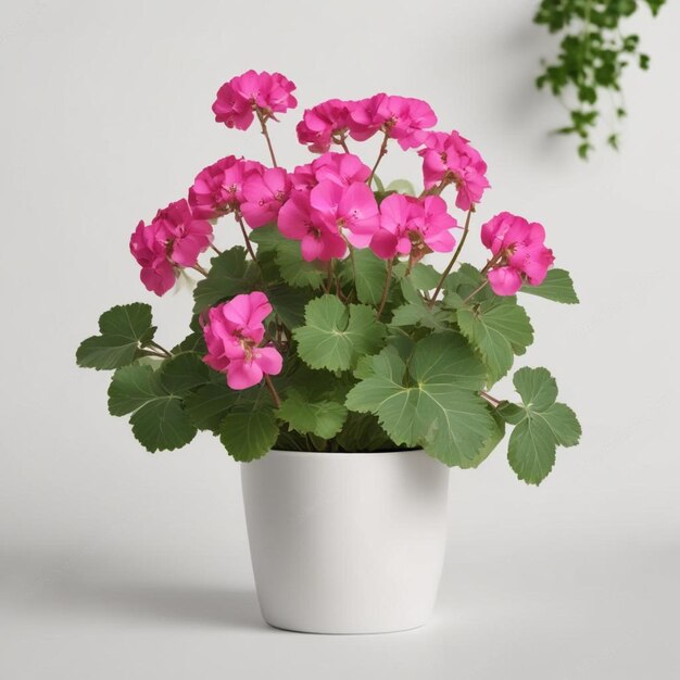 um pote de flores cor-de-rosa com folhas verdes e uma planta verde no fundo