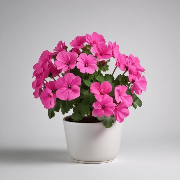 um pote de flores cor-de-rosa com um fundo branco e um pote branco com uma flor rosa nele