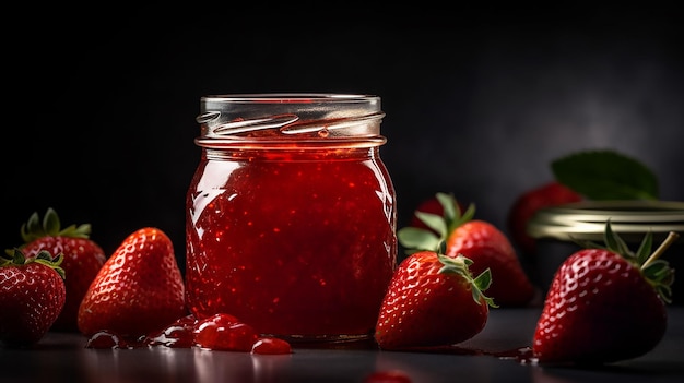 Um pote de geléia de morango com morangos ao lado