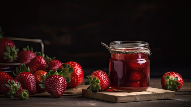 Um pote de geléia de morango com morangos em uma mesa de madeira.