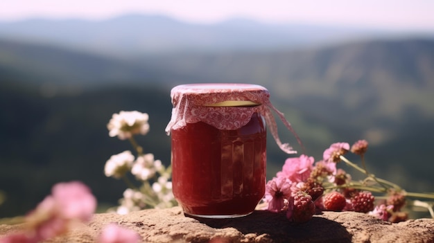 Um pote de geléia em uma superfície rochosa