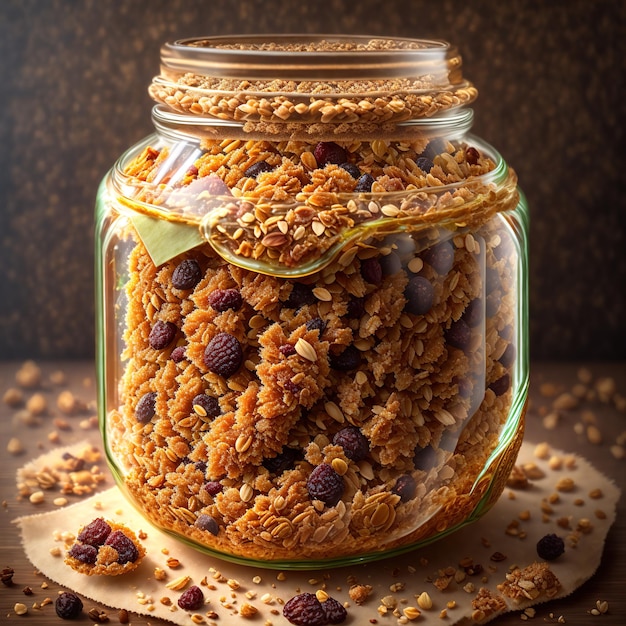 Um pote de granola com fundo marrom e um rótulo azul e amarelo que diz aveia