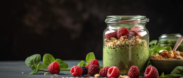 Um pote de granola de framboesa com framboesa e granola por cima.