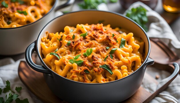 Foto um pote de kimchi e mac e queijo