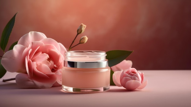 Um pote de maquiagem rosa com uma flor ao lado