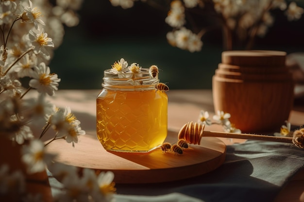 Um pote de mel ao lado de um pote de mel em uma mesa com flores ao fundo.