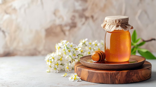 Um pote de mel com flor com um grande espaço de cópia em uma superfície limpa IA generativa