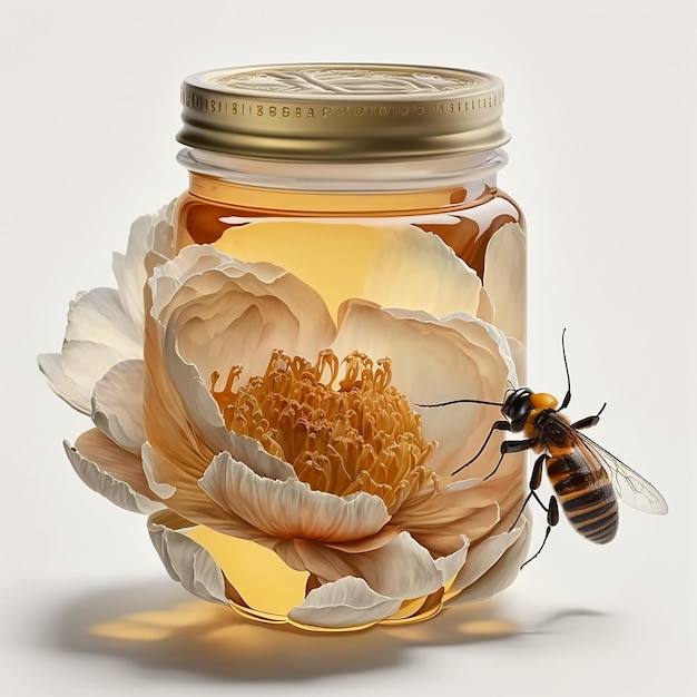 Um pote de mel com uma flor e uma abelha.