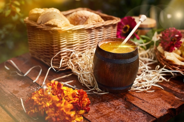 Um pote de mel doce em um balde em uma mesa de madeira no jardim com flores no café da manhã comida deliciosa