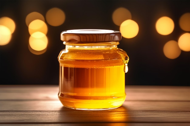 Um pote de mel em uma mesa de madeira