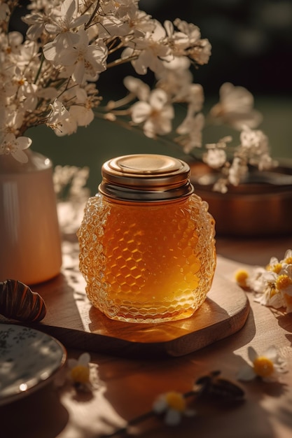 Um pote de mel está sobre uma mesa ao lado de um vaso de flores.