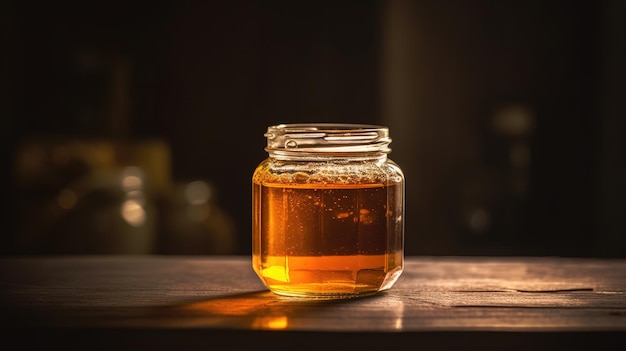 Um pote de mel está sobre uma mesa de madeira.