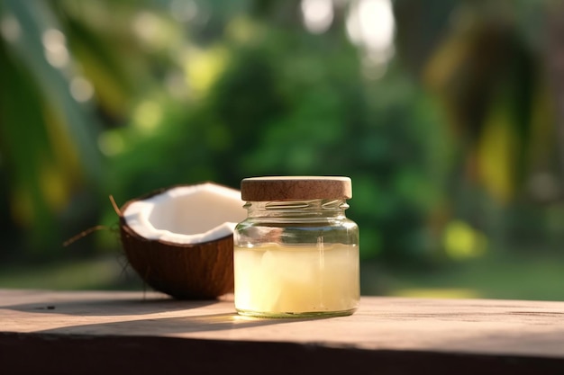 Um pote de óleo de coco ao lado de um coco em uma mesa de madeira.