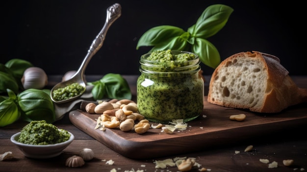 Um pote de pesto com pão e manjericão em uma mesa de madeira.