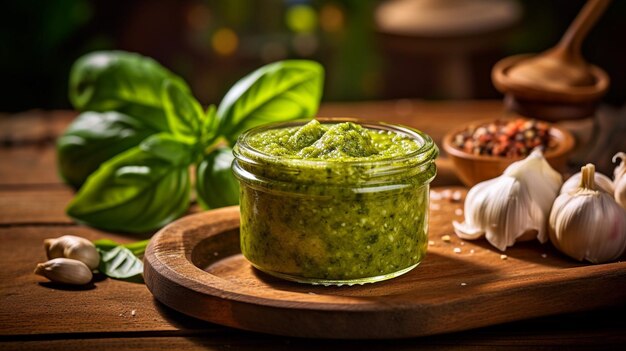 Um pote de pesto com uma colher de alho e salsa em uma tábua de madeira.