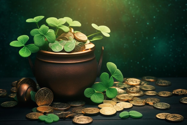 Um pote de trevos e moedas com fundo verde