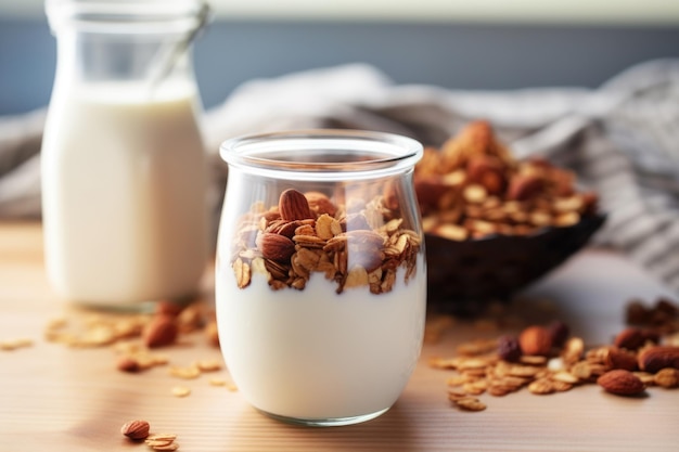 Um pote de vidro de granola caseira com leite na mesa da cozinha