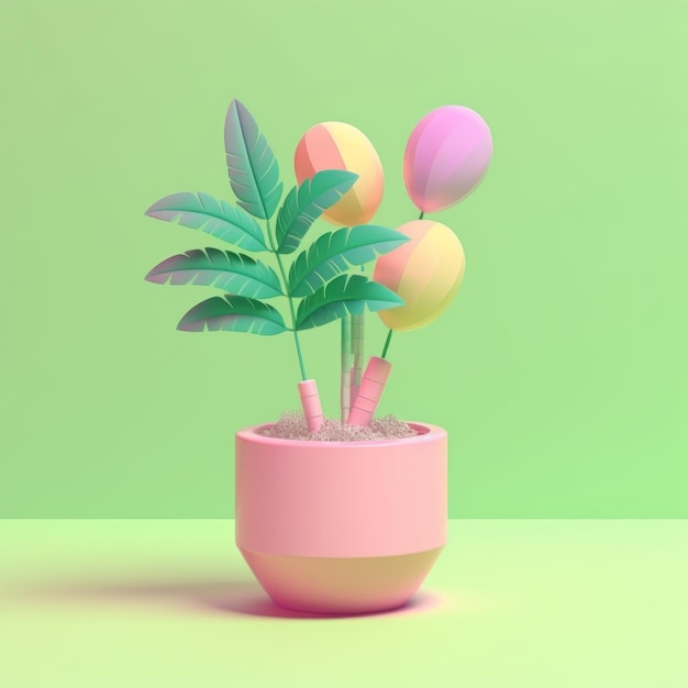 Um pote rosa com uma planta verde e um fundo verde