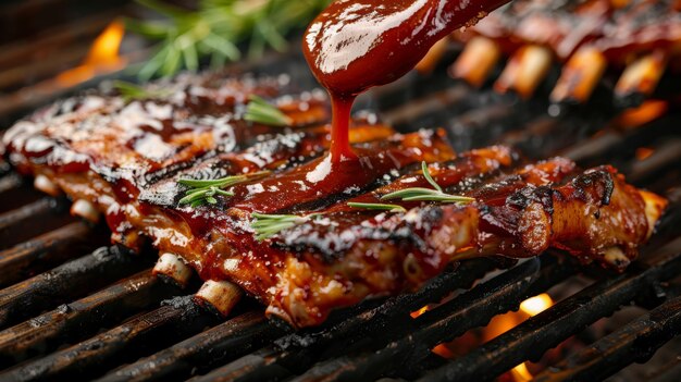 Um pouco de molho de churrasco picante sendo esfregado em costelas grelhadas