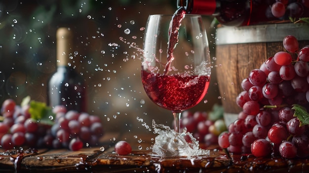 Um pouco de vinho vermelho derramado num copo com uvas nas proximidades