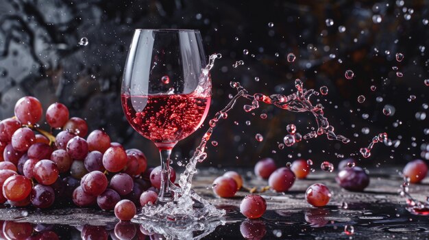 Um pouco de vinho vermelho derramado num copo com uvas nas proximidades