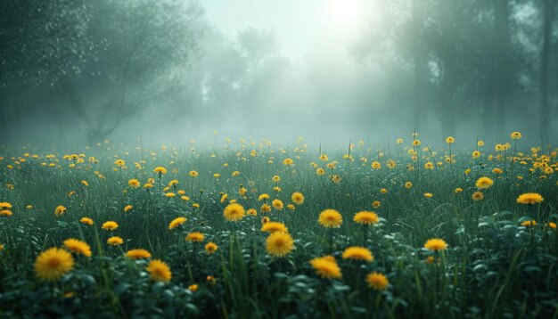 um prado com dente-de-leão amarelo e sol