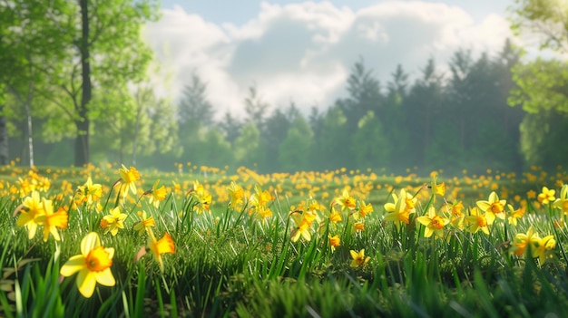 Um prado de primavera com narcisos amarelos e árvores ao fundo
