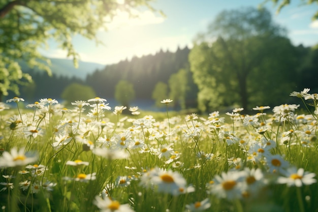 Um prado iluminado pelo sol cheio de flores de camomila.