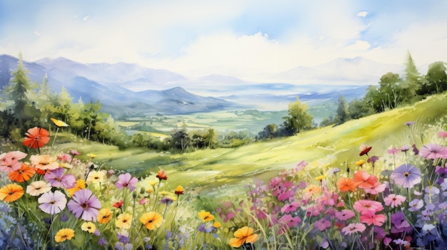 Um prado pacífico cheio de flores silvestres coloridas paisagem aquarela IA generativa