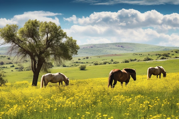 Um prado pacífico com cavalos pastando entre flores silvestres