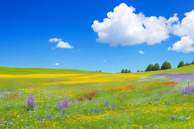 Um prado pacífico com flores silvestres coloridas e um fundo ou papel de parede de céu azul claro