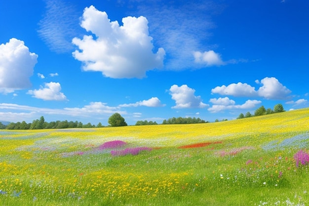 Um prado pacífico com flores silvestres coloridas e um fundo ou papel de parede de céu azul claro