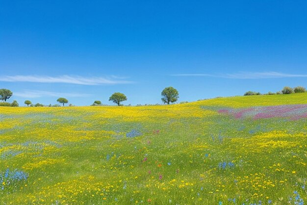 Um prado pacífico com flores silvestres coloridas e um fundo ou papel de parede de céu azul claro