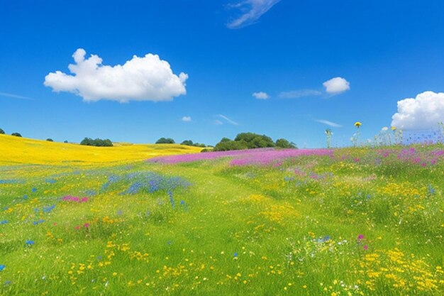 Um prado pacífico com flores silvestres coloridas e um fundo ou papel de parede de céu azul claro