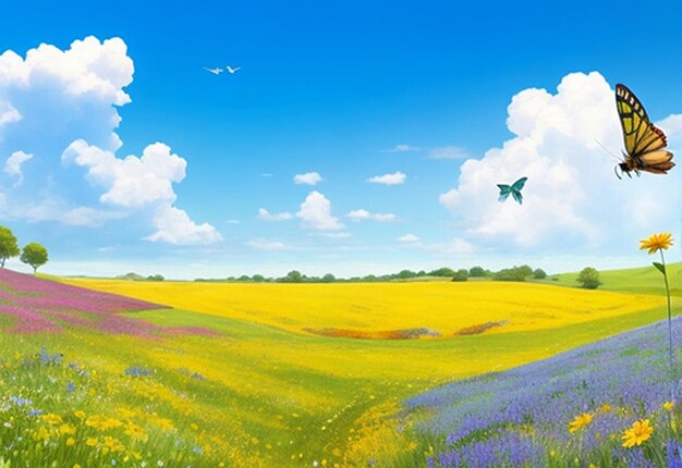 Um prado pacífico com flores silvestres coloridas e um fundo ou papel de parede de céu azul claro