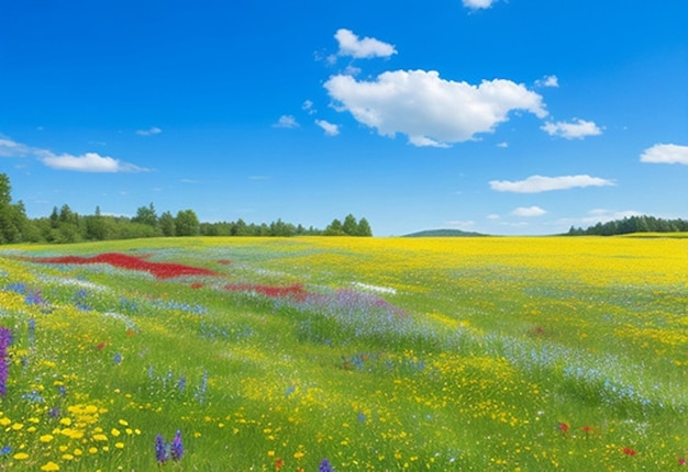 Um prado pacífico com flores silvestres coloridas e um fundo ou papel de parede de céu azul claro